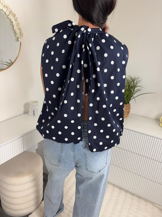 BLOUSE POIS DOS OUVERT BLEU