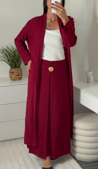 Ensemble gilet long & jupe longue bordeau