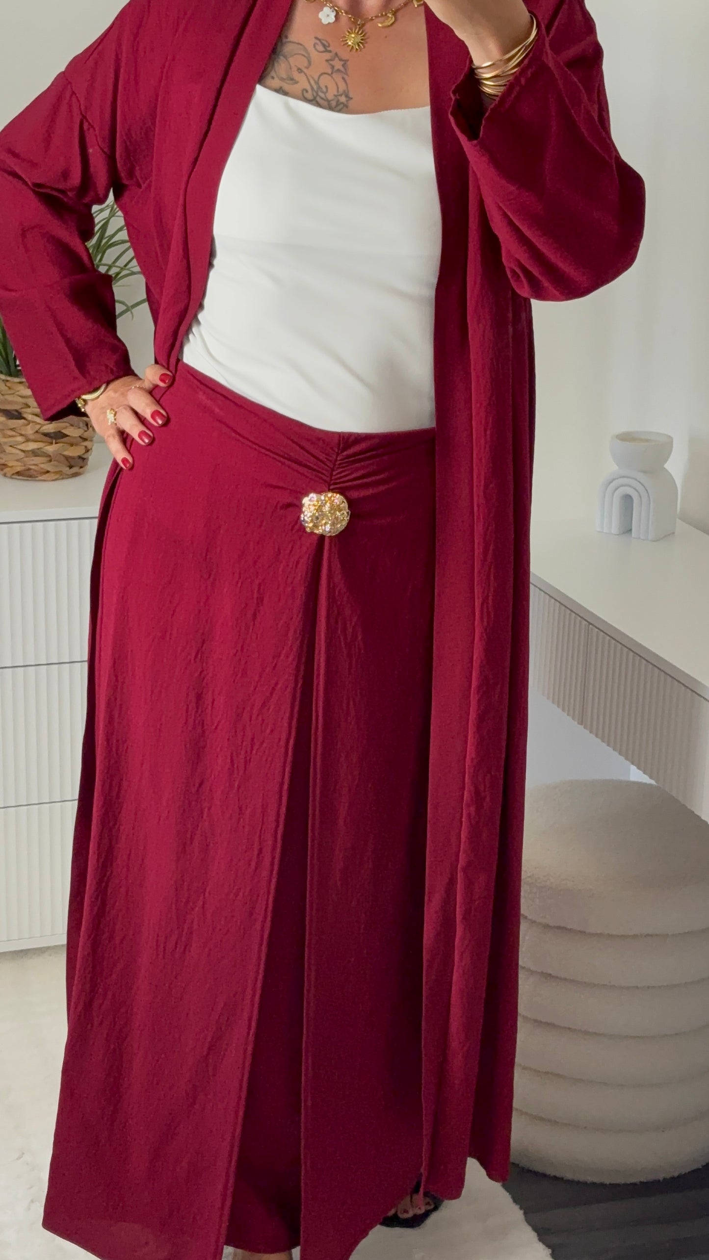 Ensemble gilet long & jupe longue bordeau