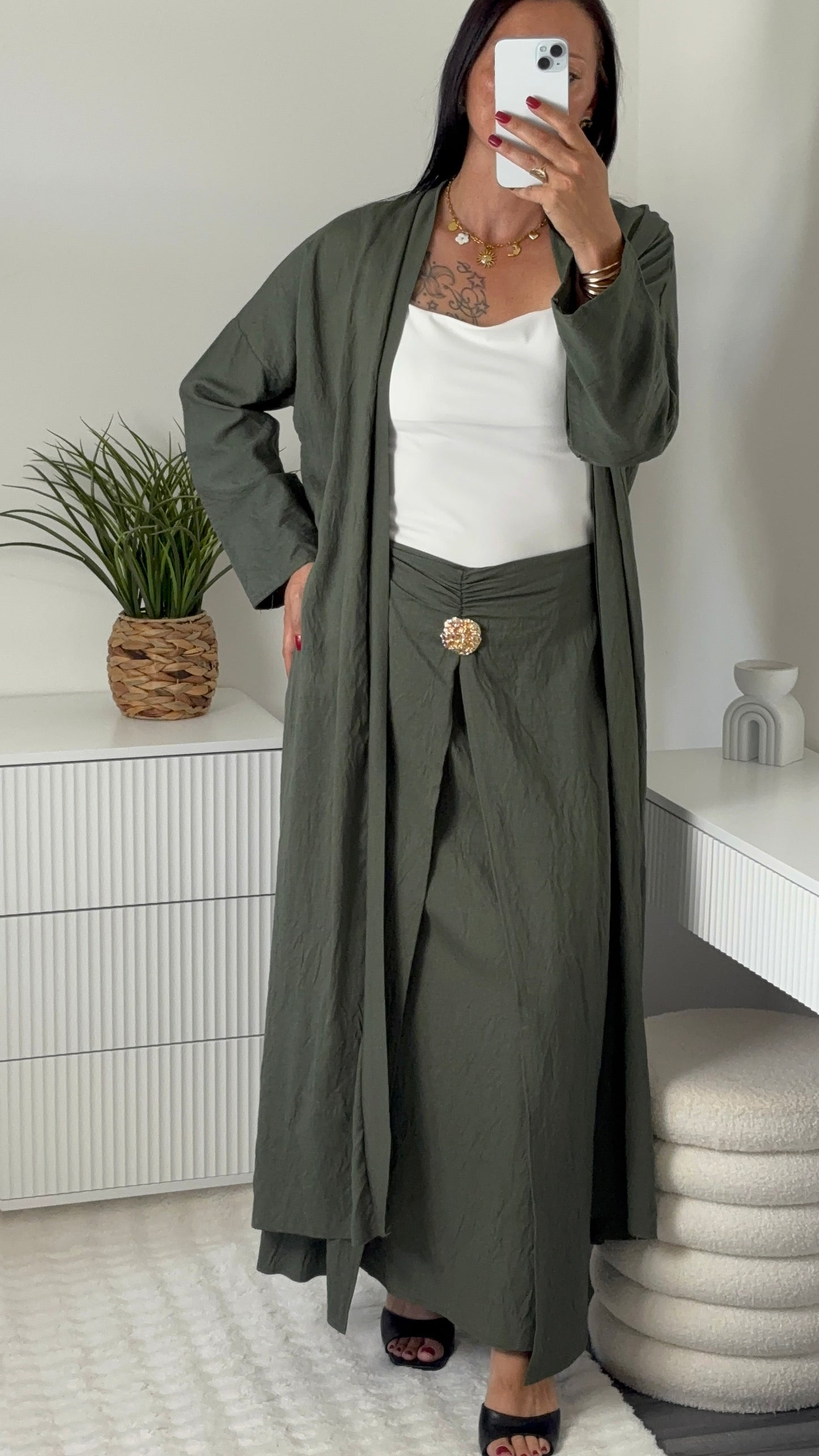 Ensemble gilet long & jupe longue kaki