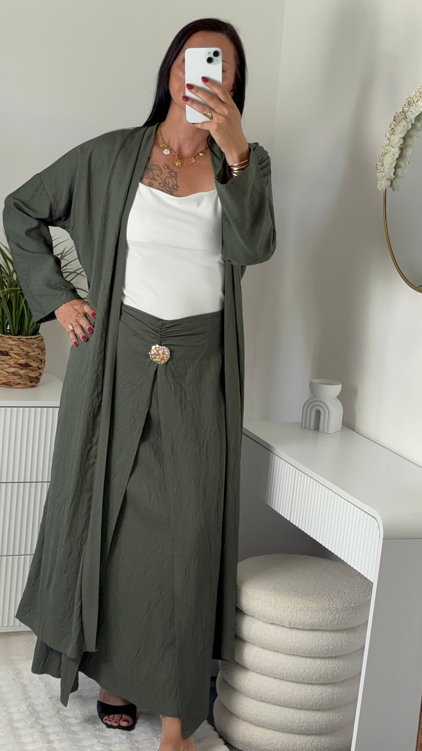 Ensemble gilet long & jupe longue kaki