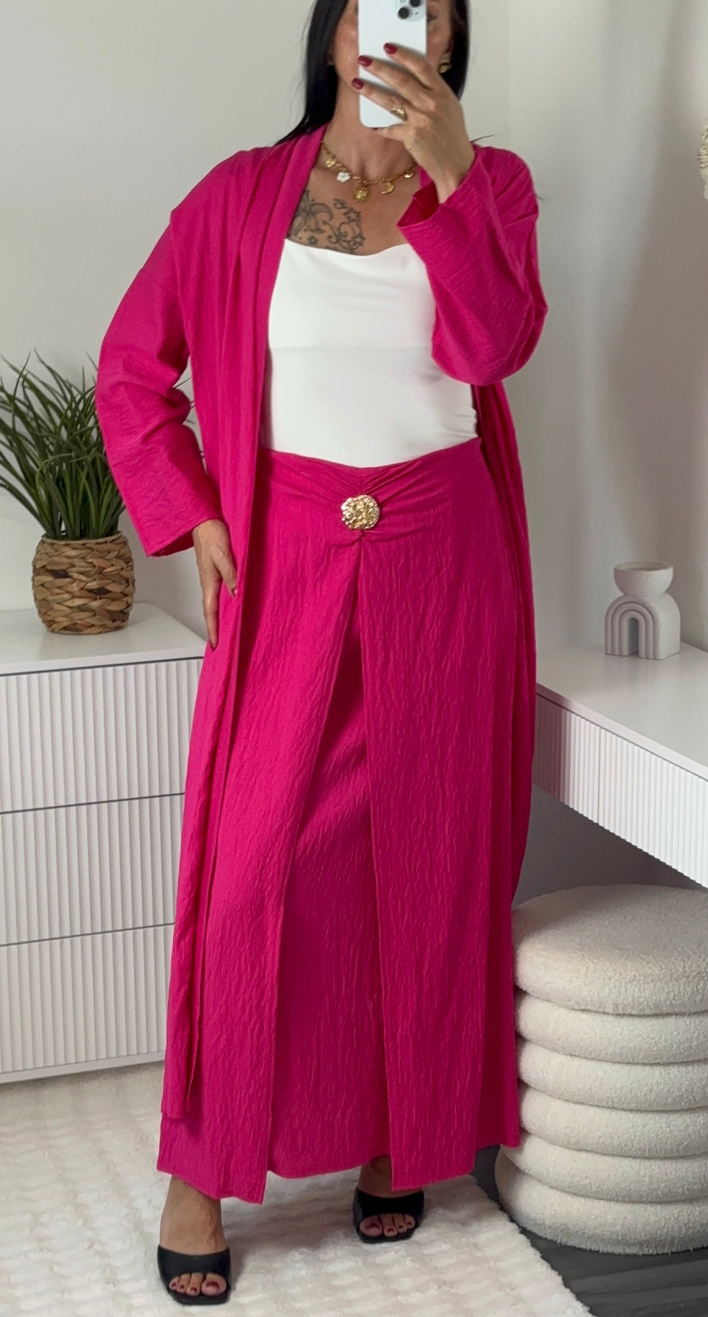 Ensemble gilet long & jupe longue fuchsia