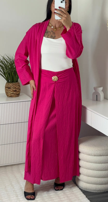 Ensemble gilet long & jupe longue fuchsia