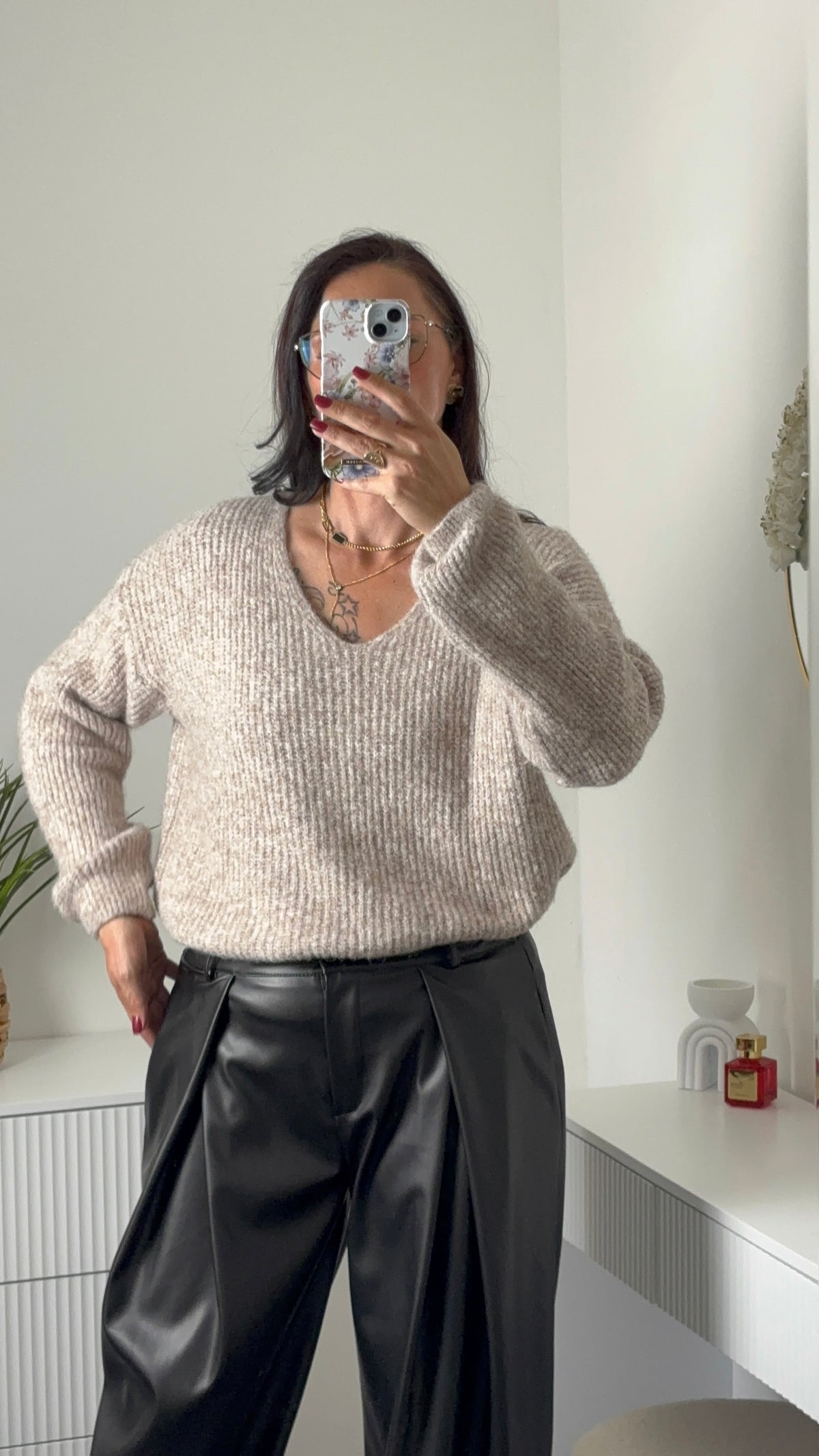 PULL DOUX COL V | TAUPE