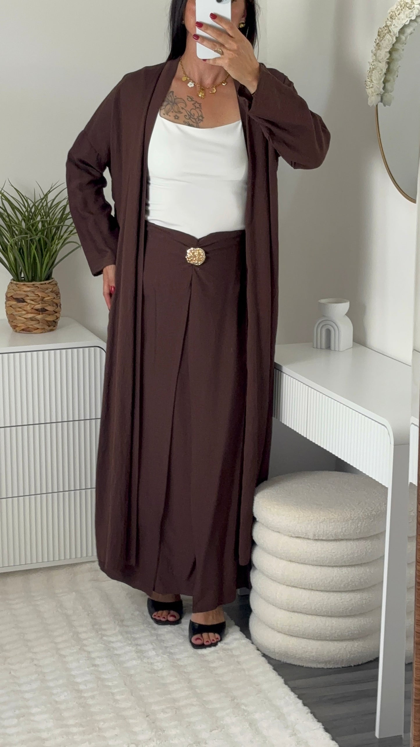 Ensemble gilet long & jupe longue choco