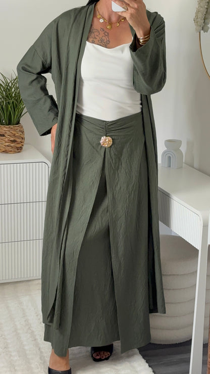 Ensemble gilet long & jupe longue kaki