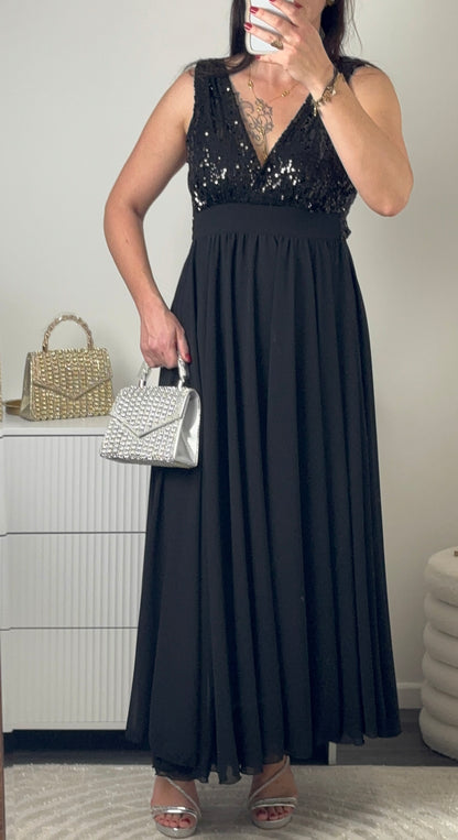Robe longue noire sequins