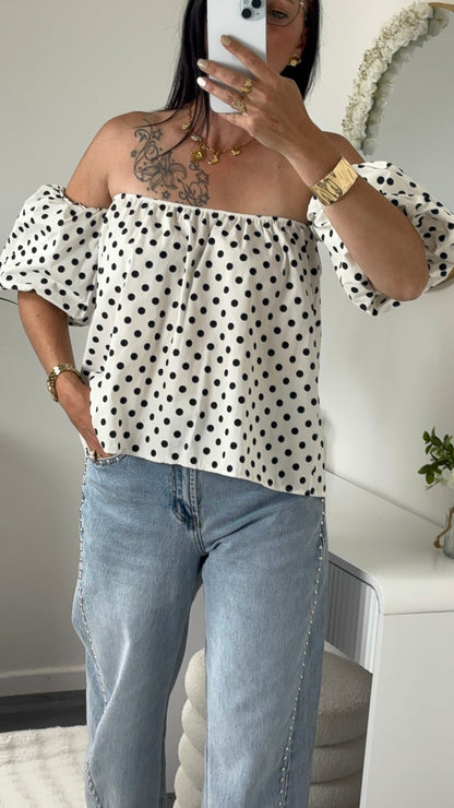 TOP BUSTIER POIS BLANC