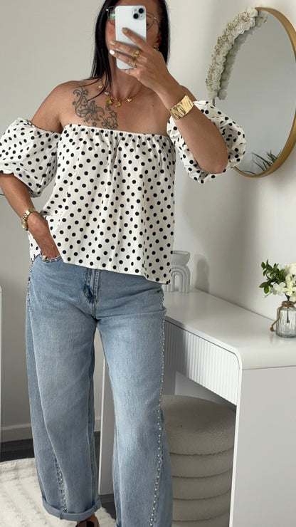 TOP BUSTIER POIS BLANC