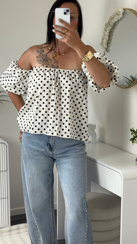 TOP BUSTIER POIS BLANC