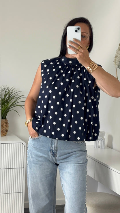 BLOUSE POIS DOS OUVERT BLEU